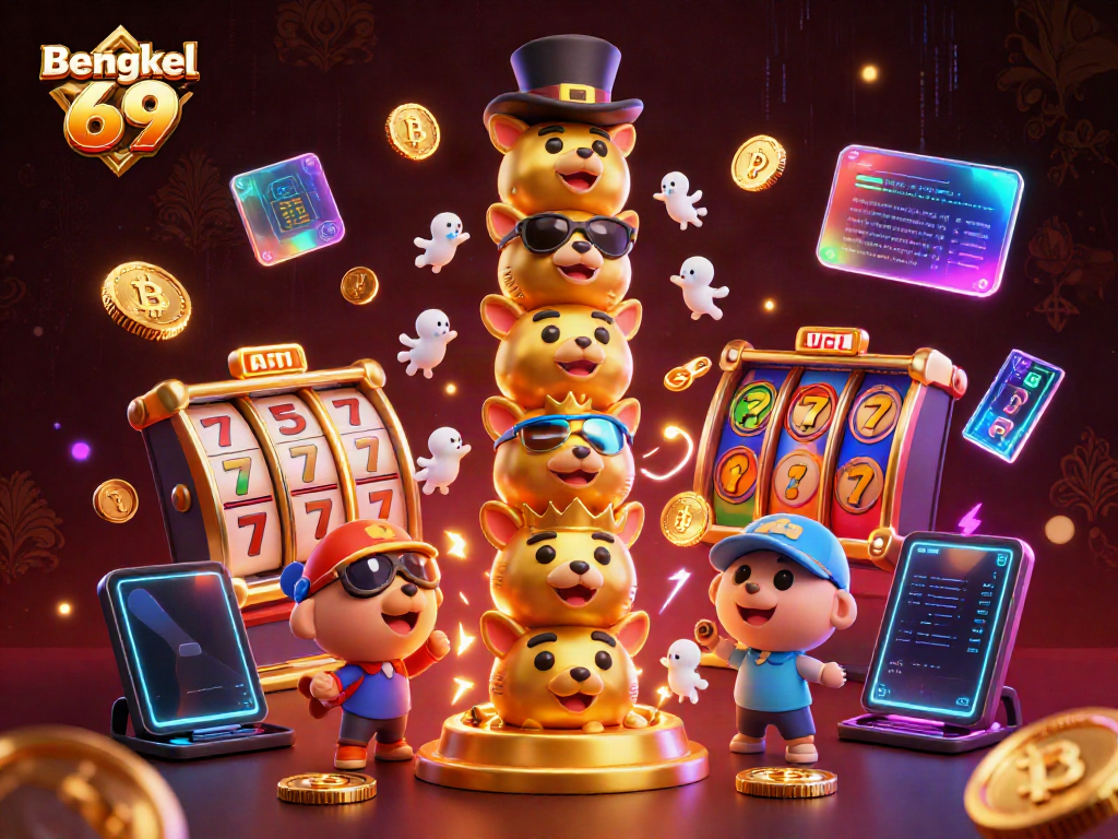 Engage in exciting gameplay at Bengkel 69 with vibrant slot machines and animated casino elements.