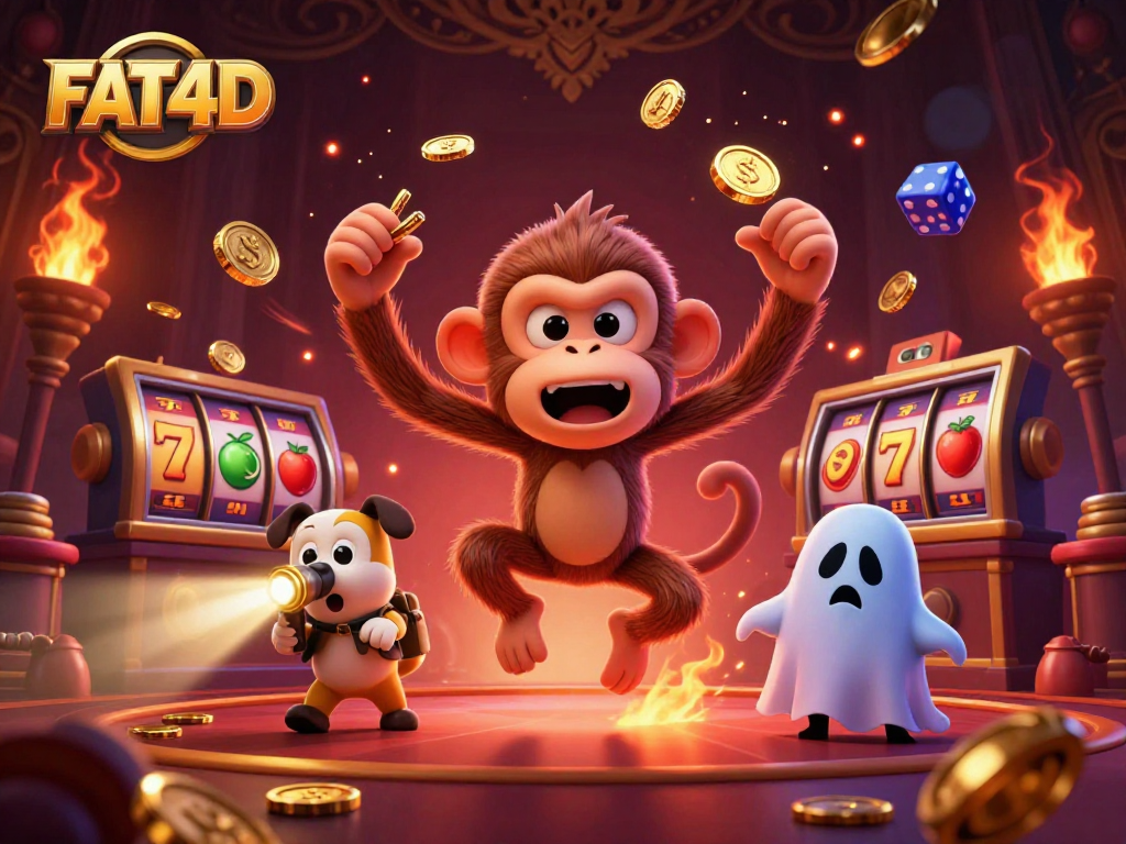 Engage in thrilling gameplay with FAT4D, showcasing a lively scene of a poltergeist monkey juggling in a haunted casino.
