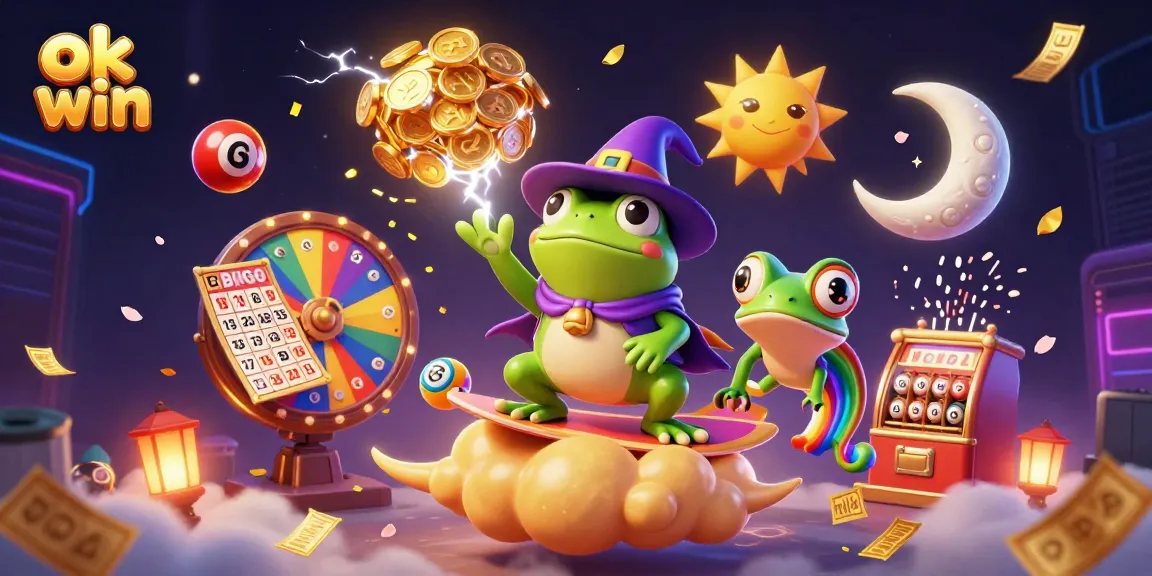 Experience the thrill of ok win with a vibrant 3D scene featuring golden coins and gaming elements.