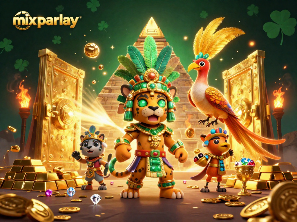 Engage in mix parlay betting with vibrant 3D illustration showcasing a Mayan priest, treasures, and casino elements.