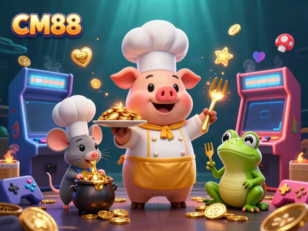 CM88 chef pig serves gold coins in a lively casino scene full of 3D arcade elements.