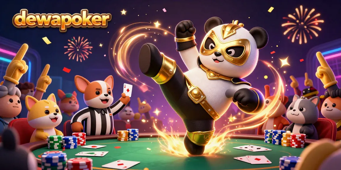 Dewapoker brings excitement with a golden panda wrestler and vibrant poker elements, showcasing lively casino action.
