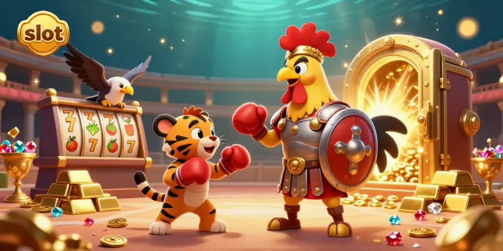 Experience the thrill of slot action with a gladiator rooster and tiger cub in a vibrant casino scene.