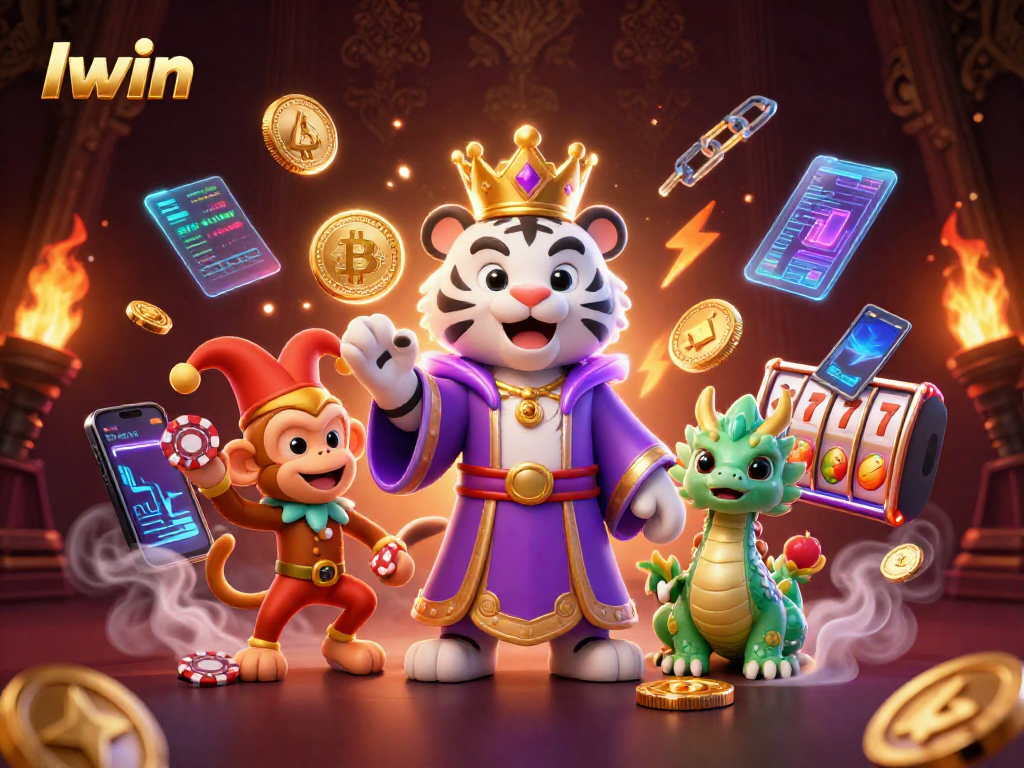 Iwin challenges players with vibrant 3D casino characters and crypto elements in an exciting illustration.