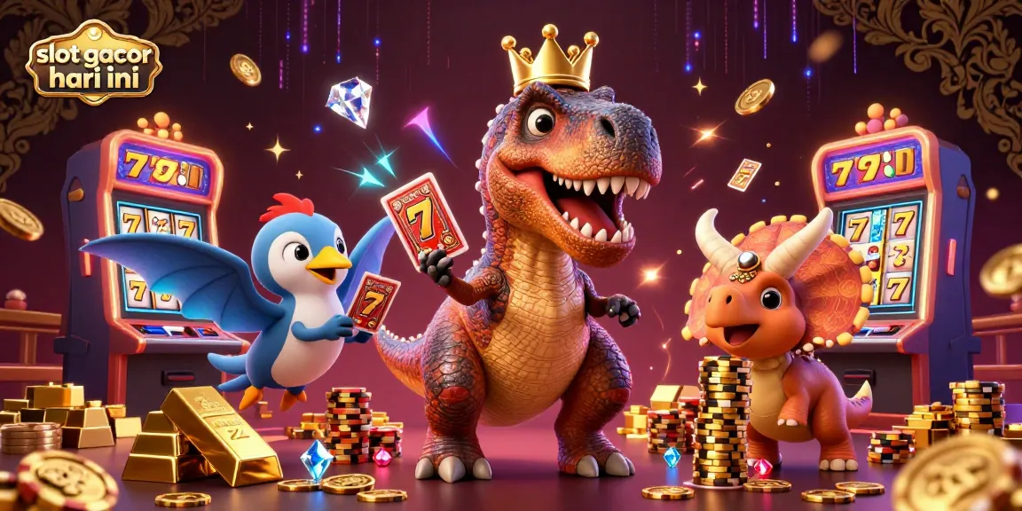 Slot gacor hari ini: ilustrasi 3D kartun yang menampilkan T-Rex dan pterodactyl sebagai pemain slot.