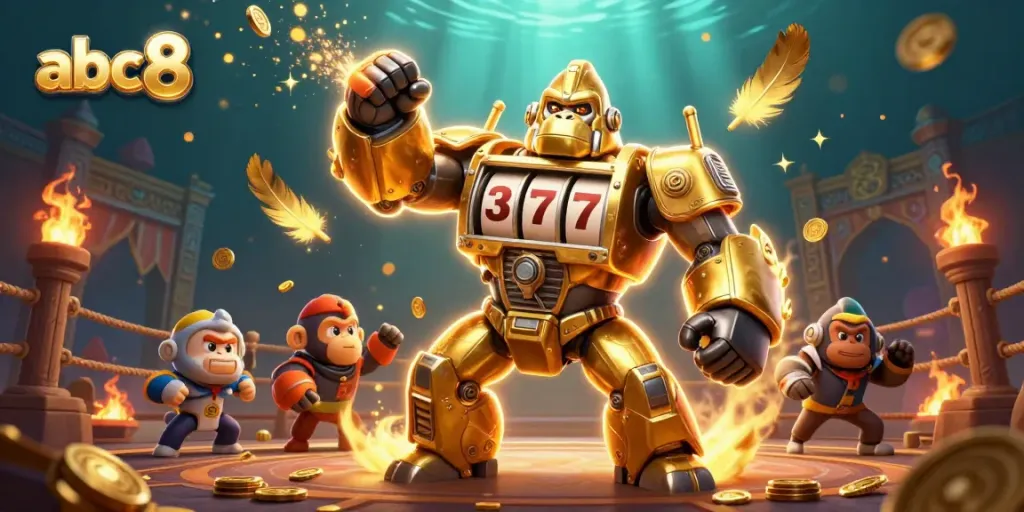 Experience thrilling gameplay at abc8 with a dynamic golden gorilla mech amidst casino action.