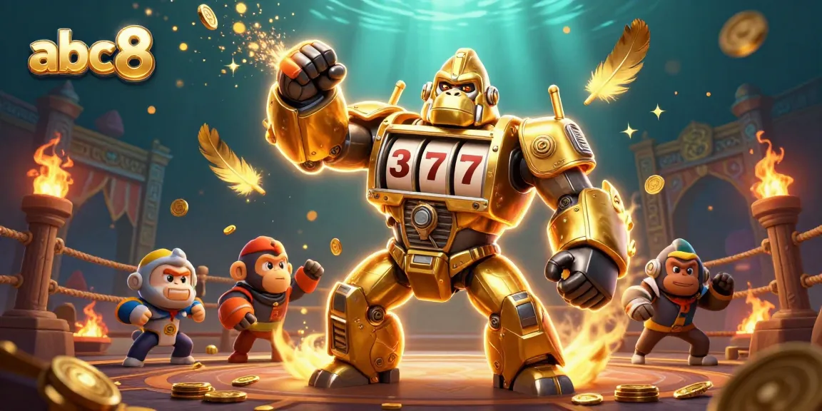 Experience thrilling gameplay at abc8 with a dynamic golden gorilla mech amidst casino action.