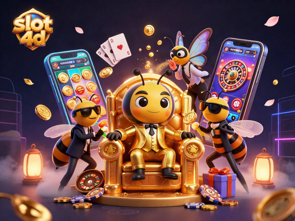 Menggoda keberuntungan dengan slot 4d, memperlihatkan bos lebah kartun dalam throne berbentuk sarang madu