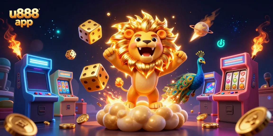 Engage with the thrilling u888 app featuring a victorious lion, exciting game elements, and vibrant casino atmosphere.