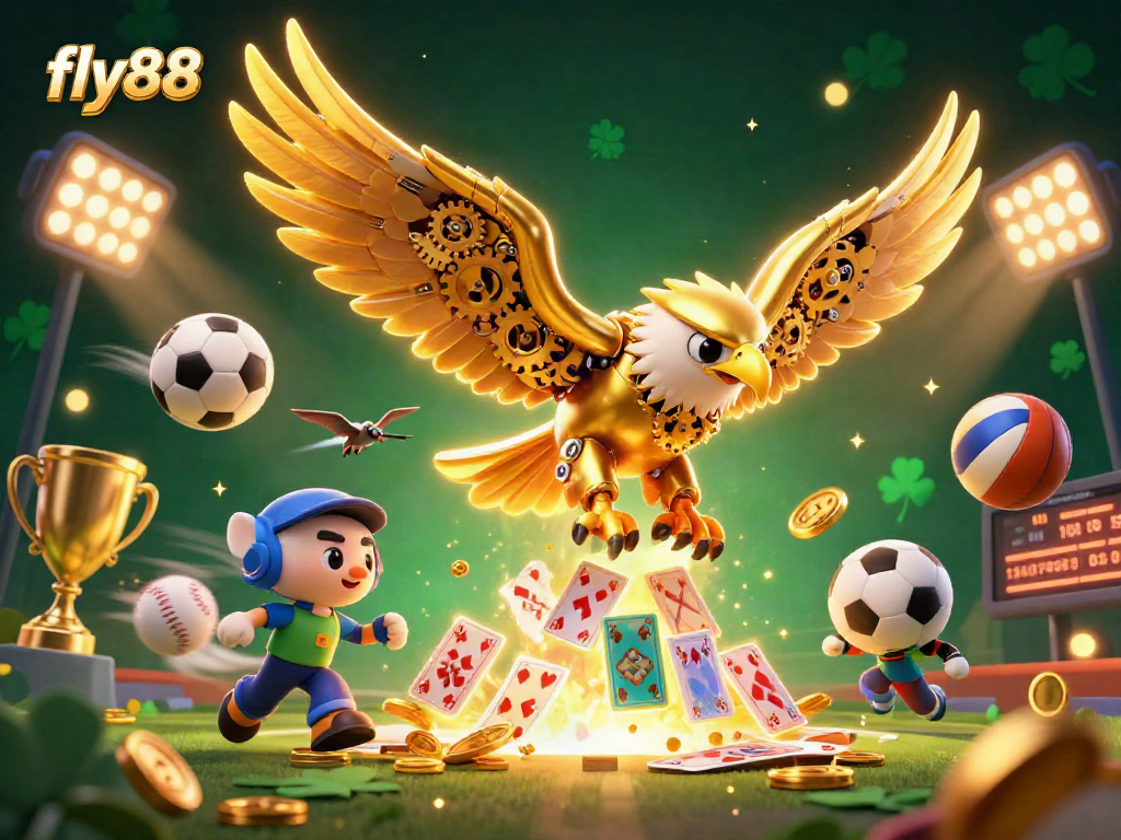fly88 showcases an ultra-detailed illustration of cybernetic eagle diving through vibrant casino elements.