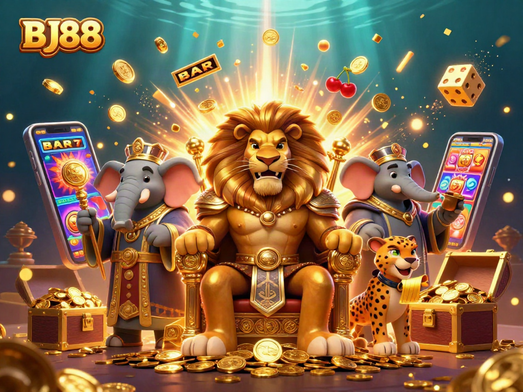 Experience the exciting world of BJ88 with a vibrant casino scene featuring lively characters and gaming elements.