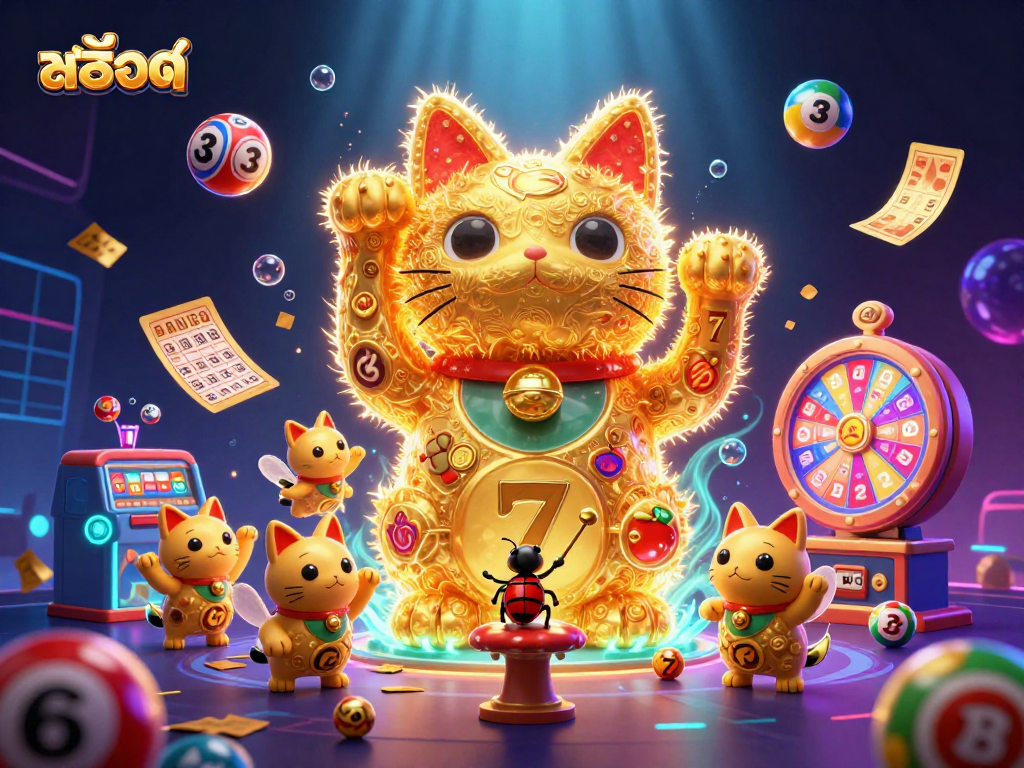 Experience the excitement of สล็อต with a vibrant scene of a lucky cat and dynamic gaming elements.