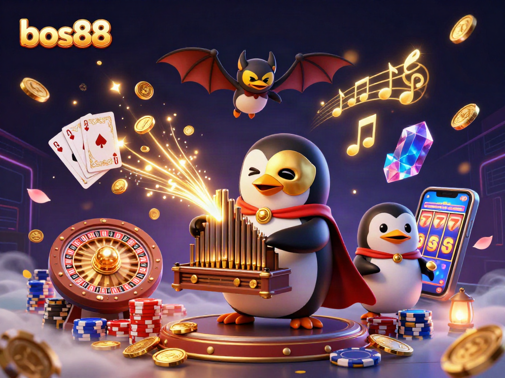 Bos88 menampilkan penguin opera bermain organ yang melontarkan koin emas dalam suasana kasino yang meriah.