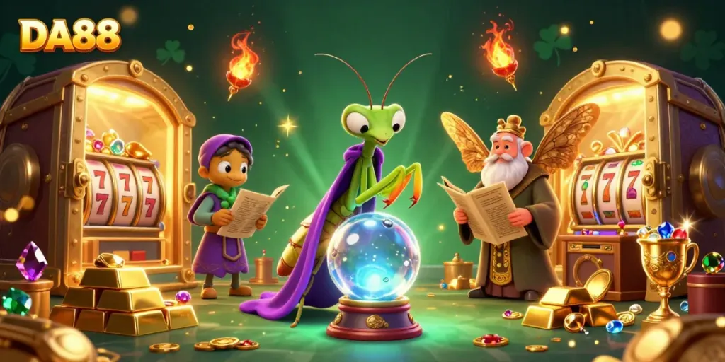 Experience DA88 gaming thrills with a mystical fortune teller and vibrant treasures in an engaging casino scene.
