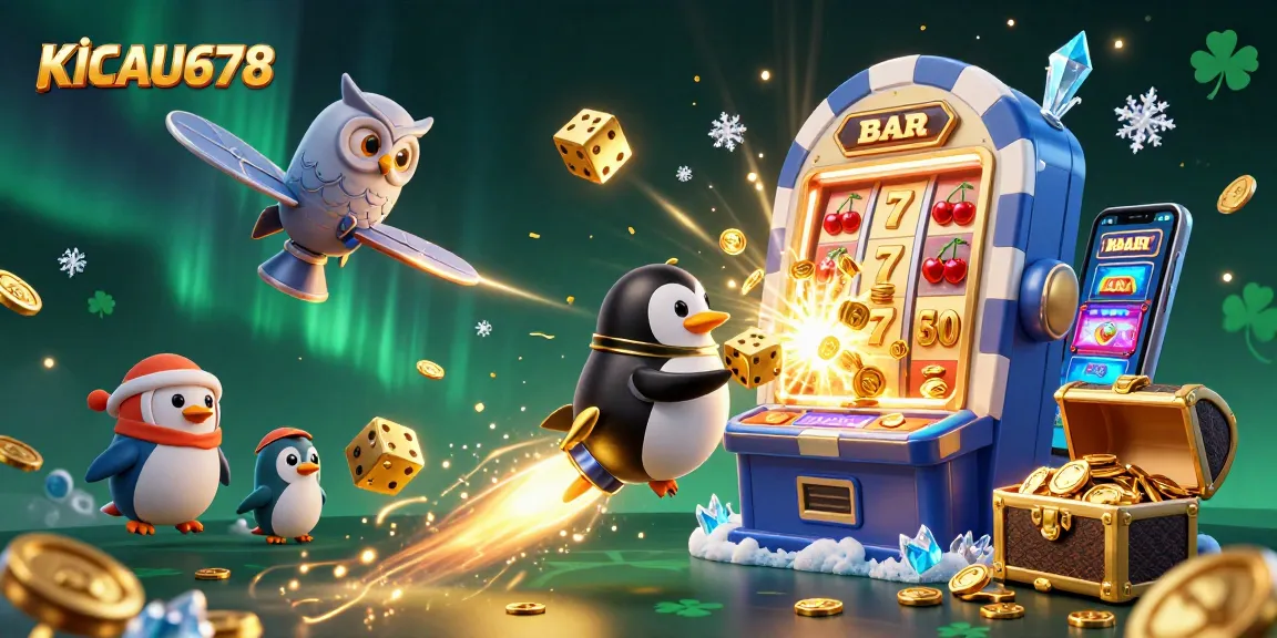 KICAU678's exciting casino scene showcases a golden penguin and jackpot elements bursting with energy