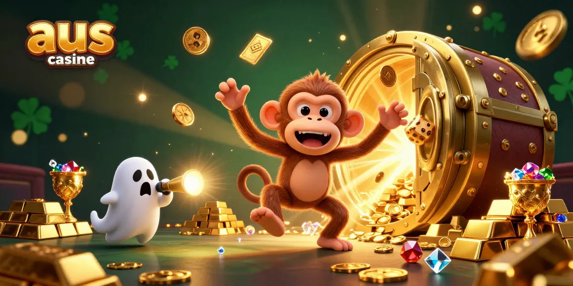 Experience the excitement of aus online casino with a playful poltergeist monkey and ghost-hunter puppy in a vibrant casino setting.