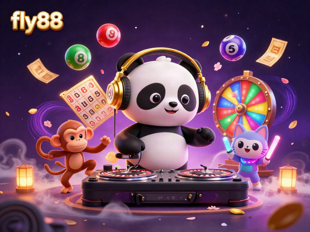 Experience fly88 with a lively scene featuring a 3D DJ panda, breakdancing monkey, and rave kitten in a vibrant casino environment.