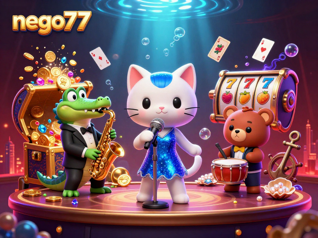 Experience exciting gaming action with nego77's vibrant casino illustration featuring lively characters.