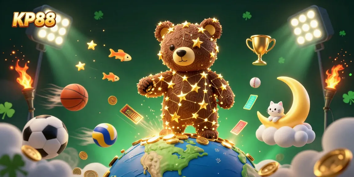 KP88 showcases a vibrant 3D scene with a constellation bear and sports elements, ideal for online gambling.