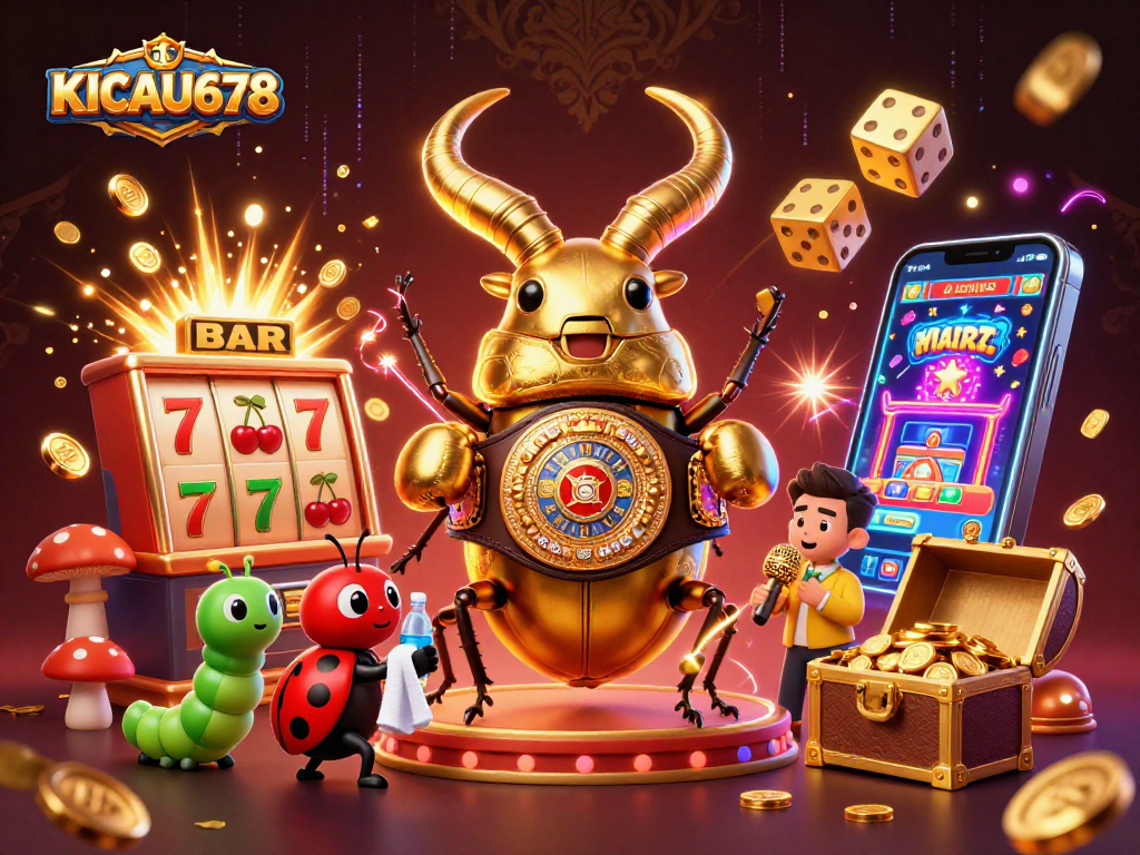 KICAU678 features a lively 3D illustration of a triumphant stag beetle amidst dynamic casino elements.