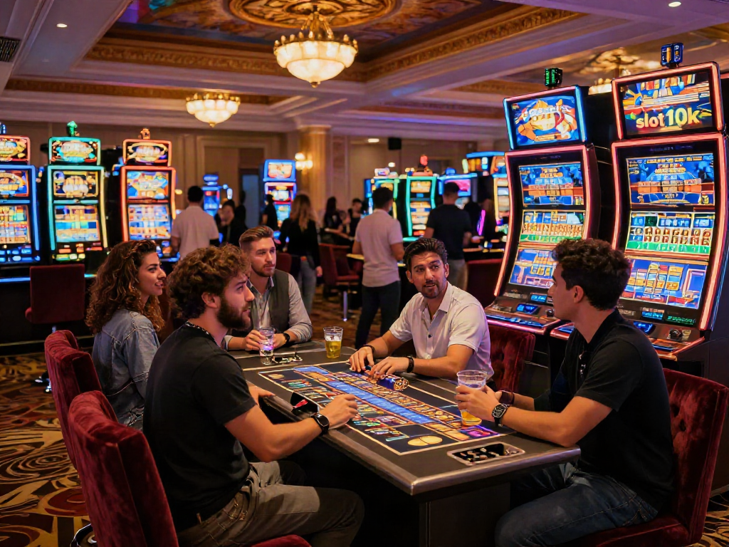 Diverse friends enjoying the thrill of 'slot 10k' high-stakes gaming at a vibrant casino.