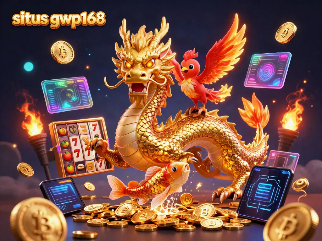 Mempersembahkan situs gwp168, ilustrasi 3D kasino berwarna cerah dengan naga dan simbol jackpot.