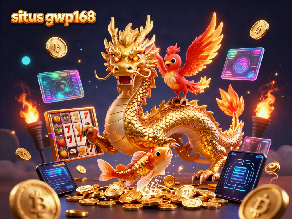 Mempersembahkan situs gwp168, ilustrasi 3D kasino berwarna cerah dengan naga dan simbol jackpot.