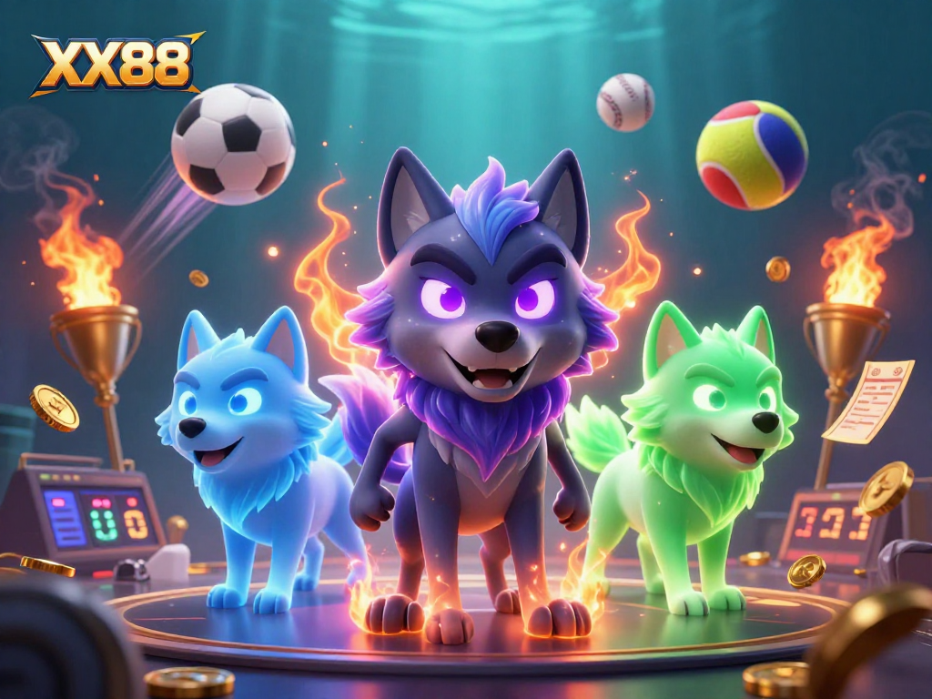 Bet on XX88 with a vibrant gameplay scene featuring dynamic sports elements and ethereal wolves.