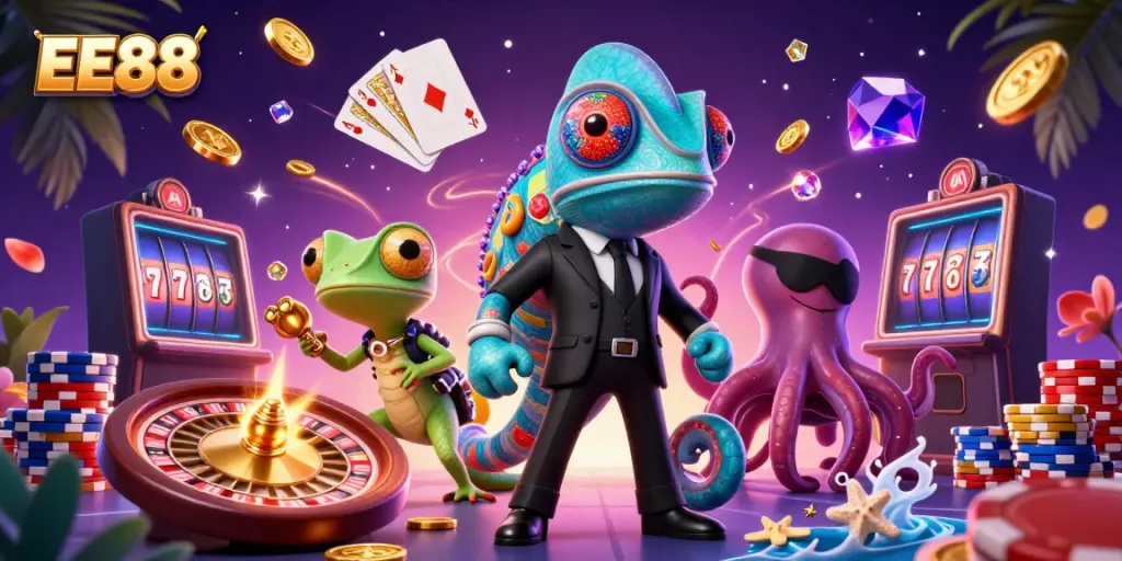 Experience thrilling gaming action at EE88 with a high-energy casino scene featuring a chameleon agent, gadgets, and sparkling rewards.