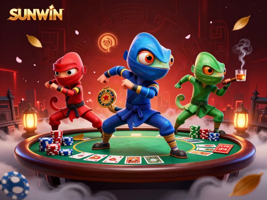 Experience intense gambling action with SUNWIN's ninja chameleon team showcasing martial arts on a vibrant rooftop.