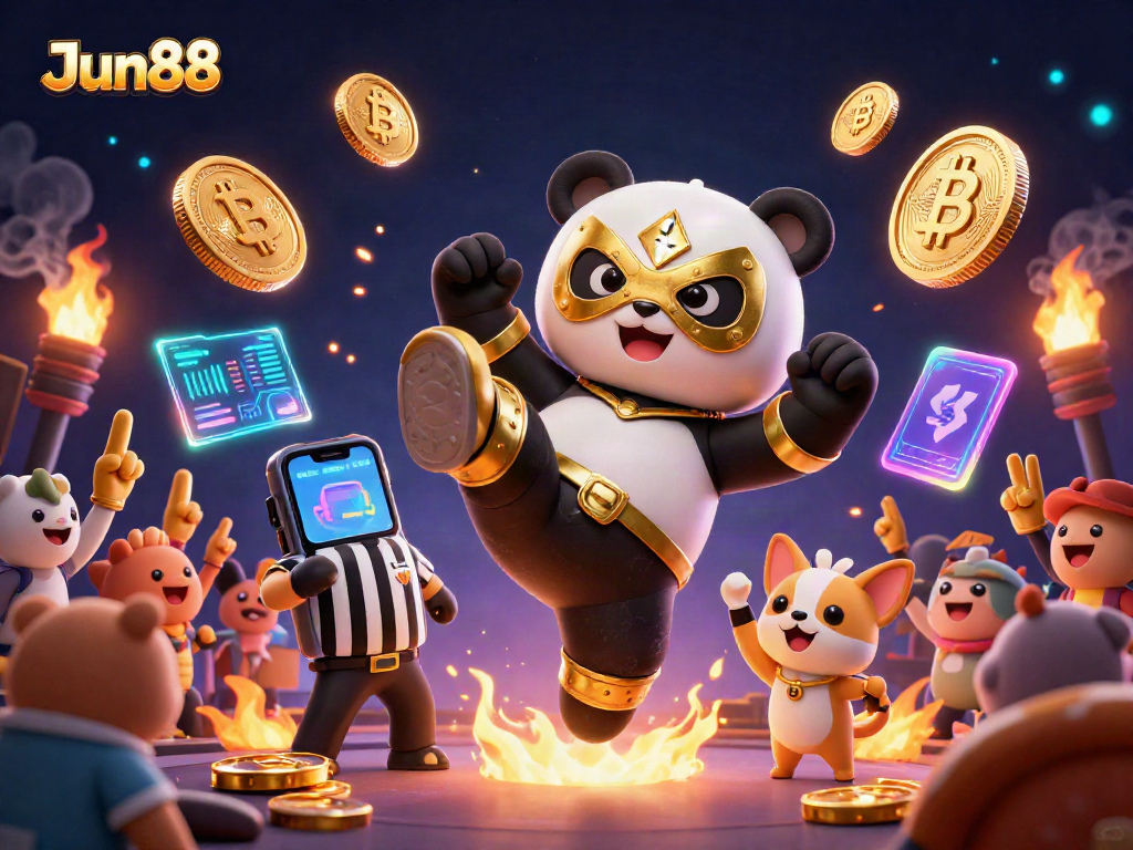 Engage with the excitement at Jun88 as a panda wrestler delivers a spectacular kick amidst digital crypto elements.