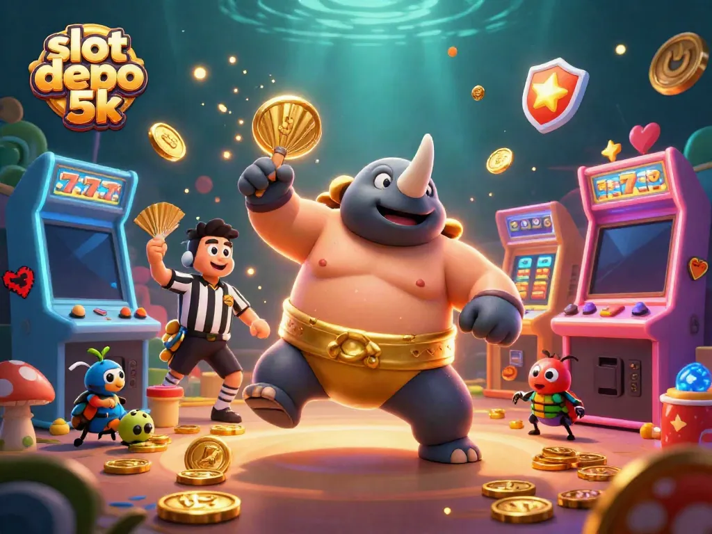 Experience slot depo 5k action as the sumo champion beetle stomps coins while a referee oversees the game.