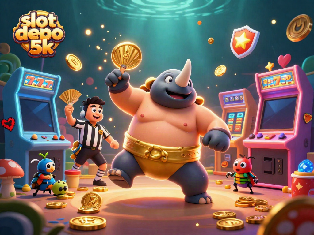 Experience slot depo 5k action as the sumo champion beetle stomps coins while a referee oversees the game.