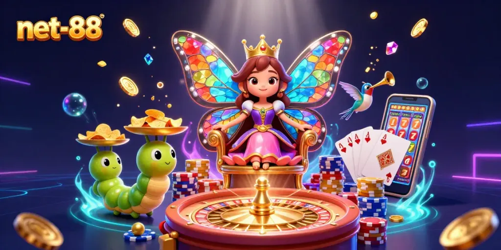 Engaging scene showcasing net-88 with vibrant characters and casino elements, capturing the excitement of gaming.