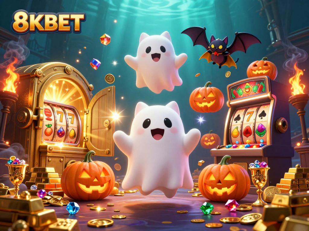 Experience thrilling 8KBET casino adventures with a ghost cat and bat companion in a haunted atmosphere.