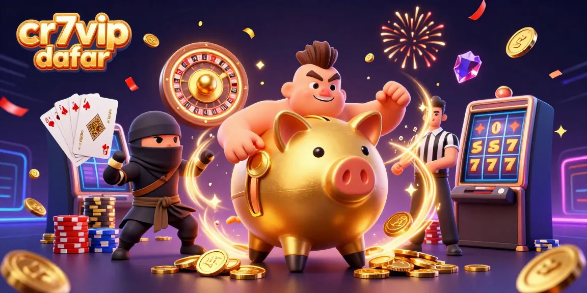 Gambarkan momen penuh energi dan keseruan cr7vip daftar dengan karakter piggy bank sumo emas dan ninja dompet di kasino.