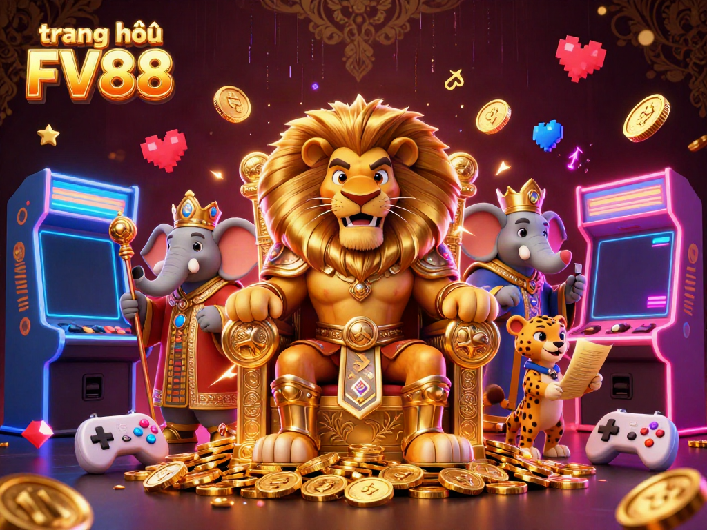 Enjoy gaming excitement with vibrant elements at trang chủ FV88, featuring a lion king and playful scene.