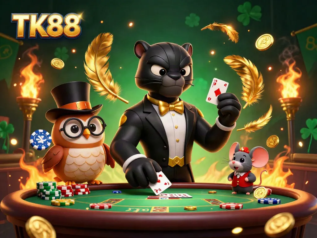 Engage with TK88 as a stylish panther deals cards among animated casino characters, showcasing vibrant gambling action.