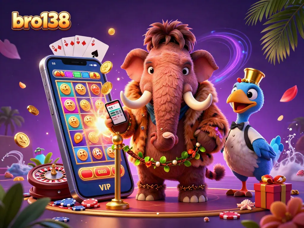 Experience bro138 with colorful slot games and vibrant characters in an exciting casino scene.