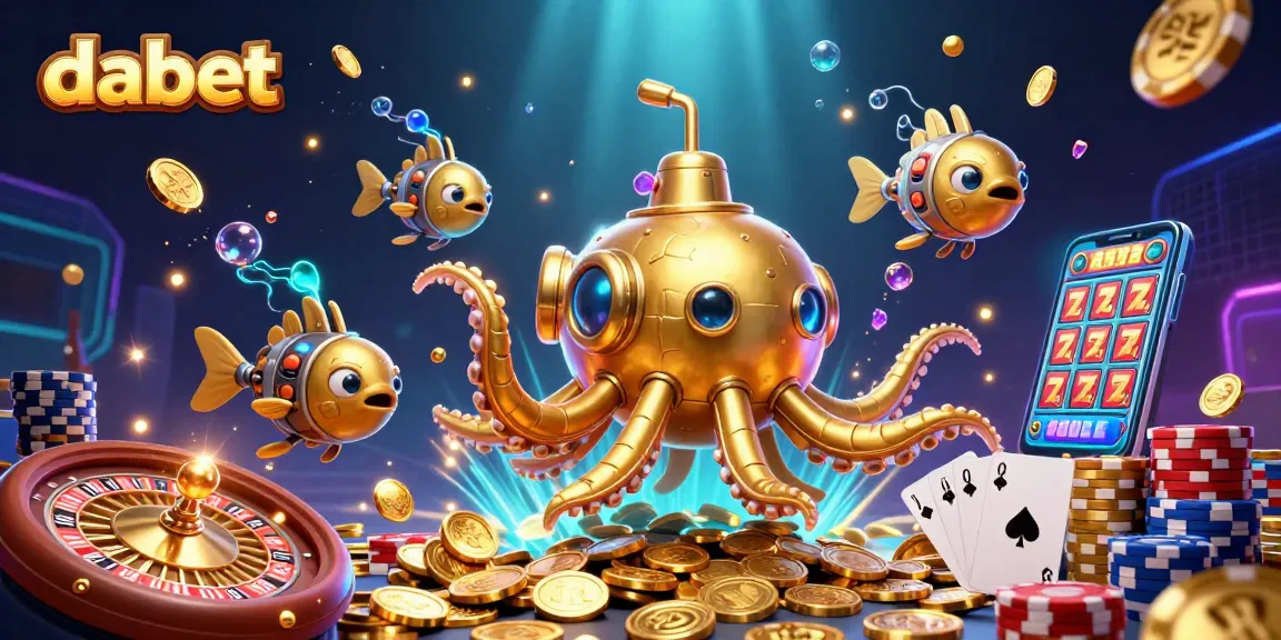 Dabet offers thrilling gameplay with a golden kraken submarine surrounded by sparkling gems and casino elements.