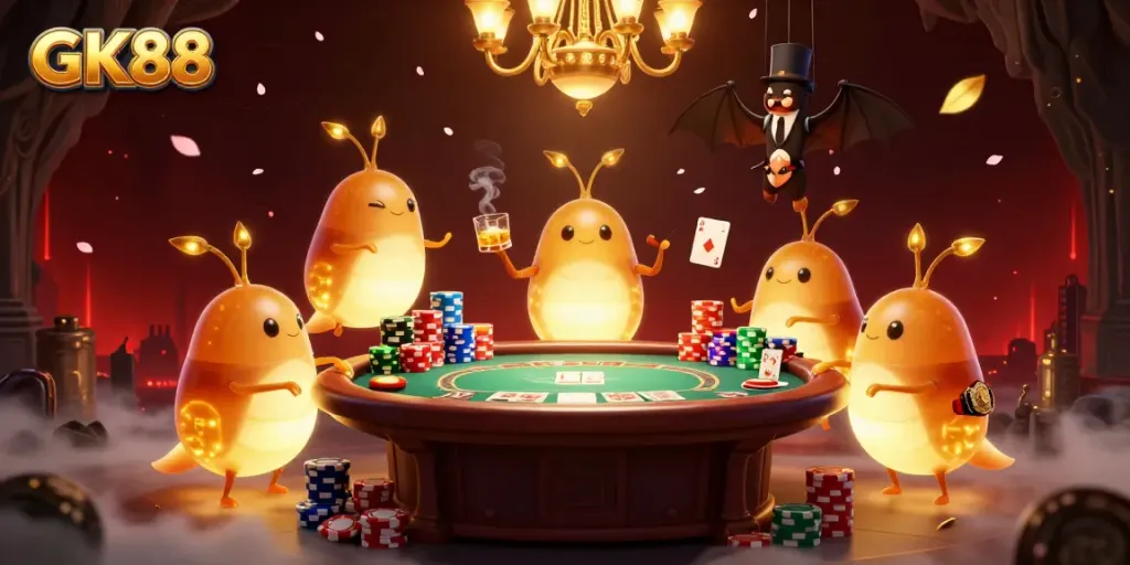 Experience thrilling gameplay at GK88 with a vibrant, animated casino scene featuring glowworms and a bat dealer.