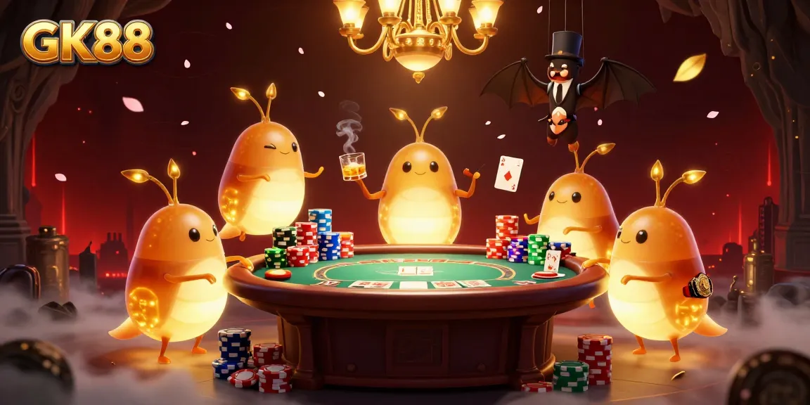 Experience thrilling gameplay at GK88 with a vibrant, animated casino scene featuring glowworms and a bat dealer.