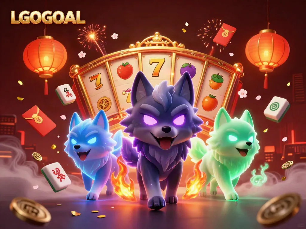 Engage with LGOGOAL's vibrant gaming experience, featuring a wolf pack and dynamic slot game elements.