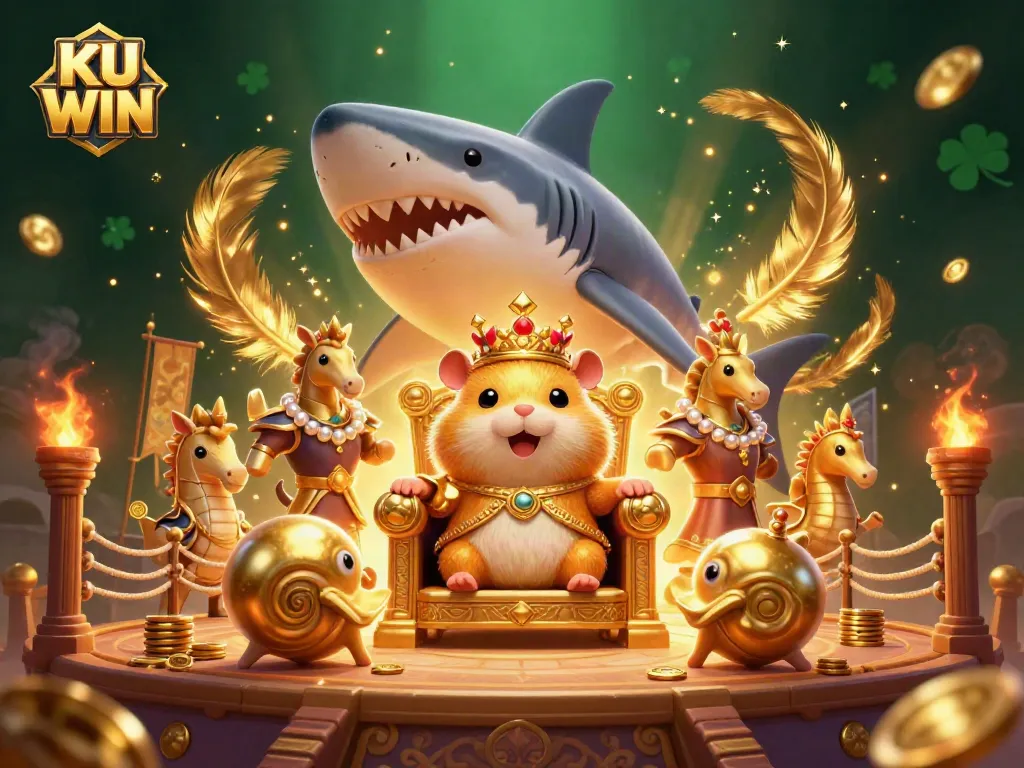 Experience thrilling wins at KU WIN with a fierce hamster king surrounded by gold, slots, and vibrant energetic elements.