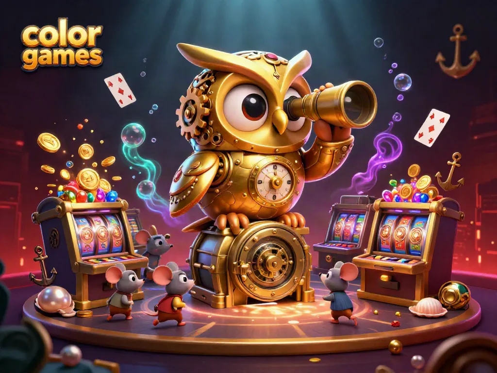Play engaging color games in a vibrant casino scene with animated characters and slot machines.