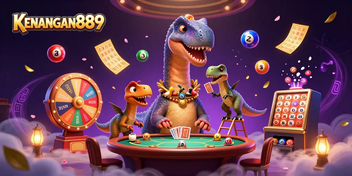 KENANGAN889 showcases a lively casino scene with a giant brontosaurus and animated lottery elements.