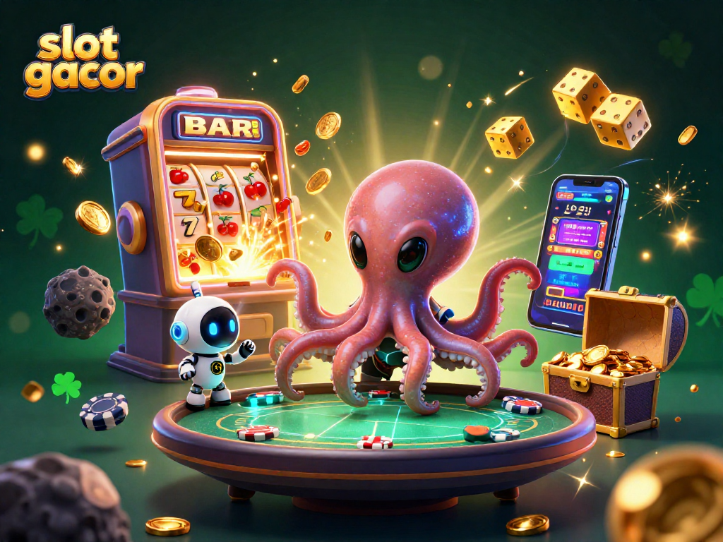 Menangkan slot gacor dengan ilustrasi alien kartun dan mesin slot penuh emas.