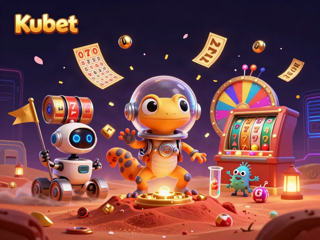 Kubet showcases a Martian gecko exploring a vibrant casino scene filled with dynamic gaming elements.