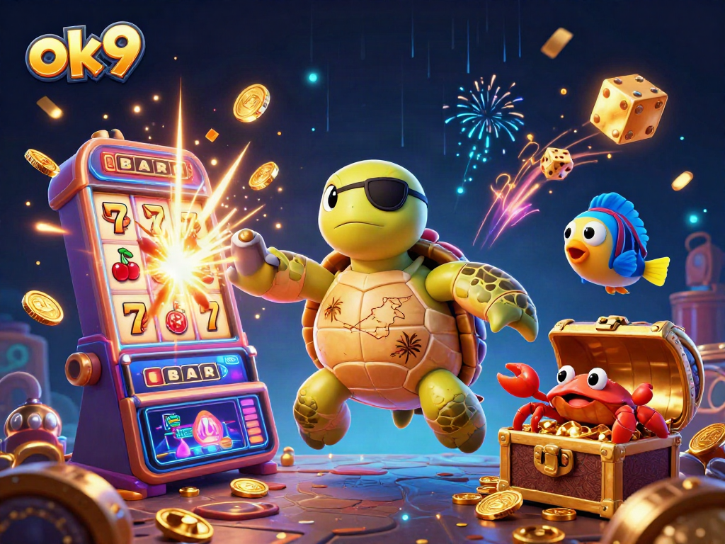 Spin and win with ok9 at a vibrant casino-themed adventure featuring iconic characters and games.