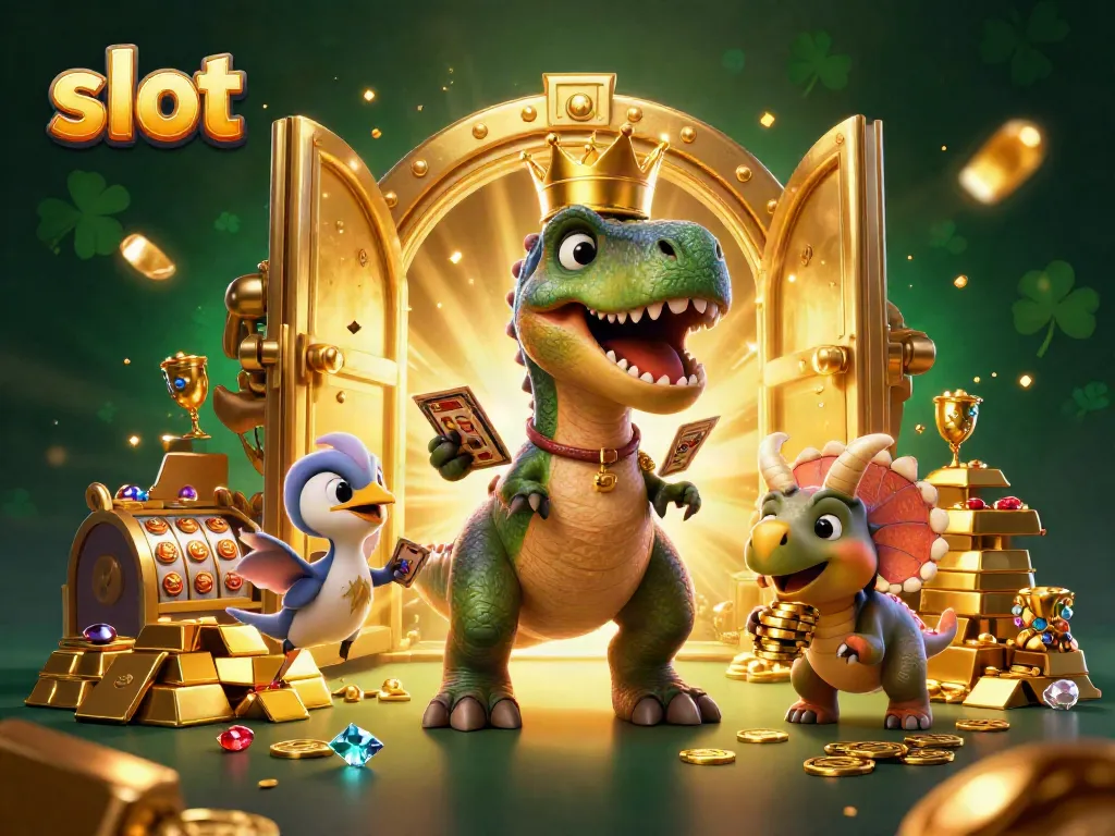Experience the excitement of slots with a cartoon T-Rex shuffling cards and friends amidst treasures